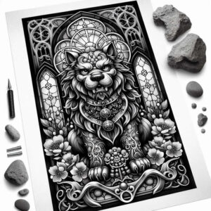 Black and grey wolf-dog figure with ornate frame, stained-glass arches, flowers, and jewelry (necklace, pendant); AI-generated tattoo project idea; cover-up suitable.