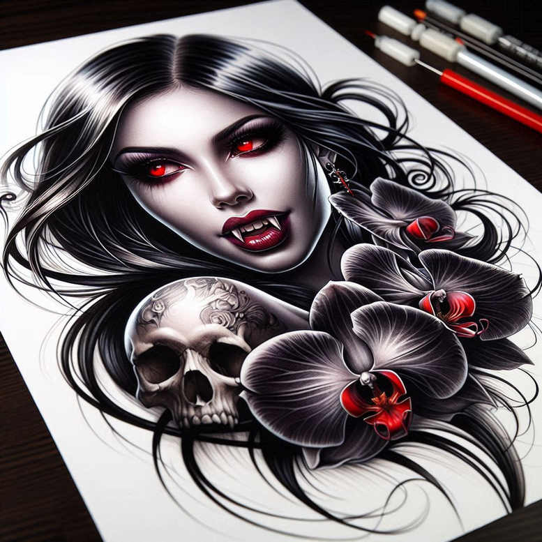 Woman, skull, orchid in black and grey; tattoo project; cover-up suitable.