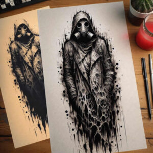 Black and grey tattoo design of a hooded figure wearing a gas mask with straps and buttons, a long coat, and dripping ink splatters around; ideal for a cover-up.