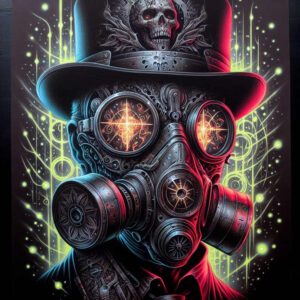 Gas mask, top hat, and skull on neon-lit figure; colorful full color with neon green and pink highlights; AI-generated tattoo project; suitable for cover-up; pattern.