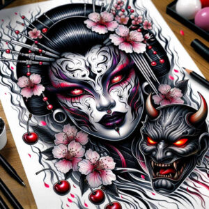 Geisha face in black and grey with red accents, a menacing demon, pink cherry blossoms, and hair ornaments on white paper; AI-generated tattoo project; suitable for cover-up.
