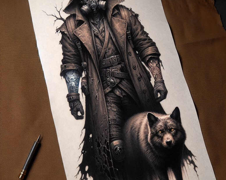 Mask, coat, wolf, gloves, and belt in black and grey; AI-generated tattoo project; suitable for cover-up.