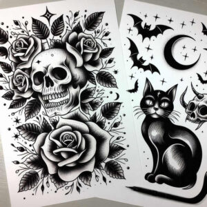 Skull and roses on a black and grey tattoo sheet with a cat, crescent moon, and bats; cover-up-ready project.