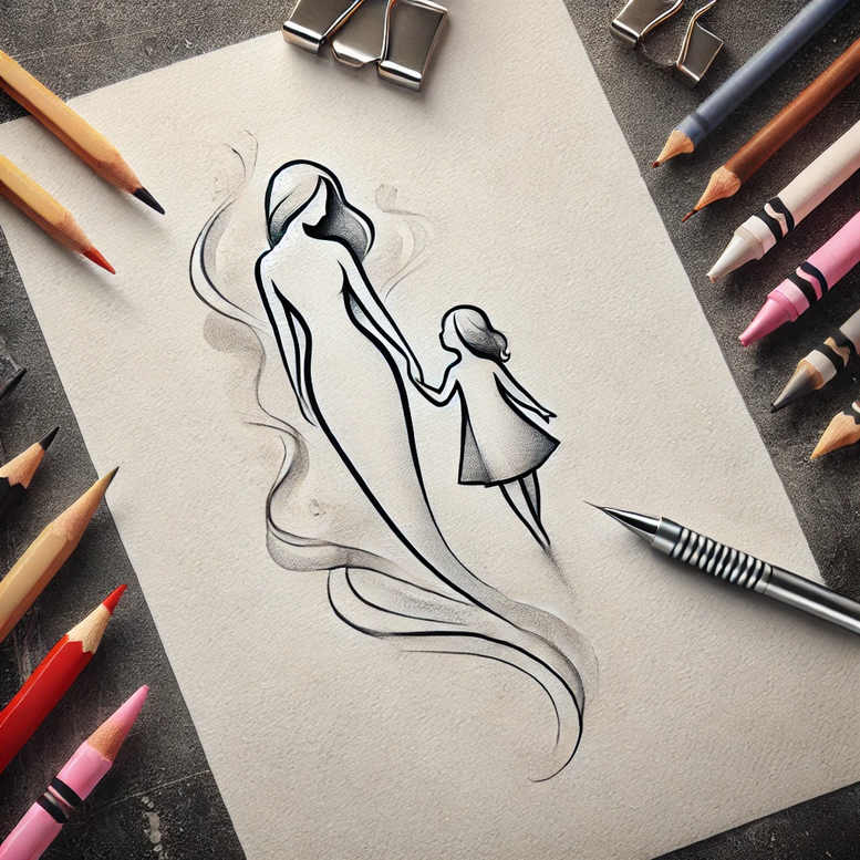 Black and grey line art of a mother and child holding hands on textured paper, with pencils and a pen nearby; project idea for a tattoo design.