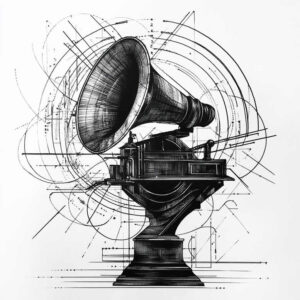 Black and grey gramophone with horn and base, overlaid by geometric blueprint lines; tattoo project idea, suitable for a cover-up.