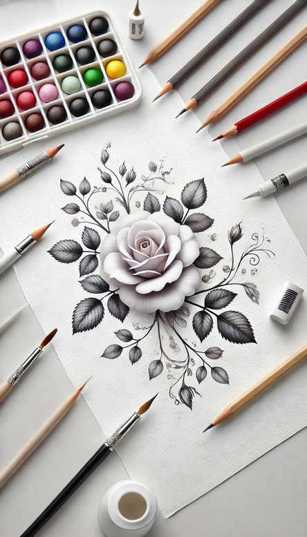 Rose with leaves in grayscale; pencil drawing on paper, black and grey; tattoo idea; cover-up-friendly.