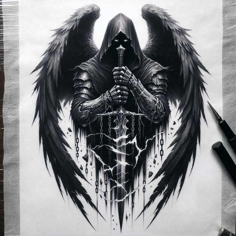 Hooded figure in armor with large wings holding a central sword; chains and lightning patterns surround it; black and grey tattoo project, cover-up ready.
