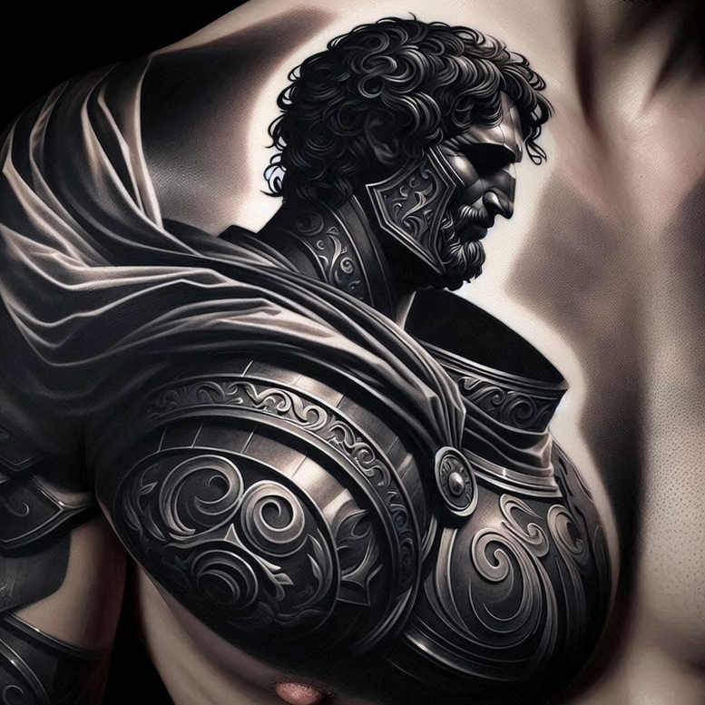 Black and grey realism tattoo design of armor, cape, and helmet on a muscular gladiator; a project idea, suitable for a cover-up.