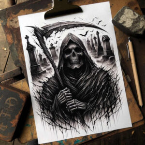 Grim reaper with hood and scythe over a cemetery background; black and grey tattoo project; cover-up ready.