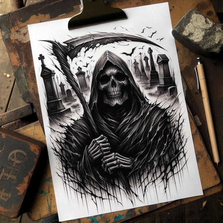 Grim reaper with hood and scythe over a cemetery background; black and grey tattoo project; cover-up ready.