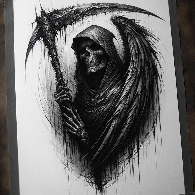 dark-reaper – tattoo design ideas free ai generated – neotraditional-layered-fill – for-upper-arm – Gallery: grim-reaper-inkby-ai