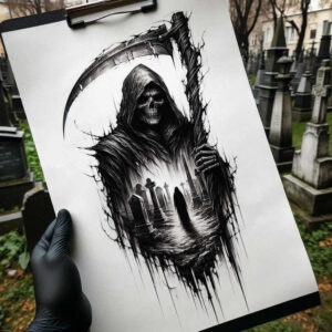 dark-silhouette – tattoo design ideas free ai generated – realism-transparent-layer – for-lower-leg – Gallery: grim-reaper-inkby-ai