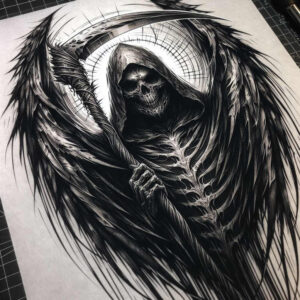 death-and-fate – tattoo design ideas free ai generated – realism-smooth-complexion – for-lower-thigh – Gallery: grim-reaper-inkby-ai