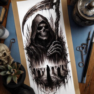 death-and-mystery – tattoo design ideas free ai generated – realism-blended-gradients – for-hand – Gallery: grim-reaper-inkby-ai