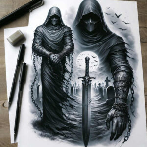 death-shadow – tattoo design ideas free ai generated – realism-emotional-realism – for-abdomen – Gallery: grim-reaper-inkby-ai