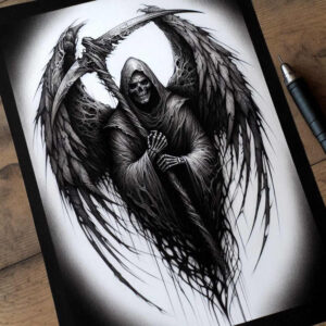 death-symbol – tattoo design ideas free ai generated – realism-natural-contrast – for-abdomen – Gallery: grim-reaper-inkby-ai
