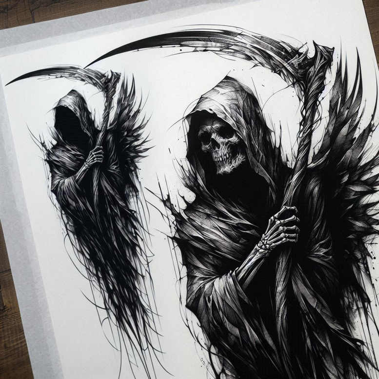 death-watcher – tattoo design ideas free ai generated – realism-reflective-light – for-wrist – Gallery: grim-reaper-inkby-ai