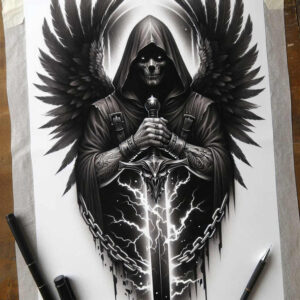 deaths-scythe – tattoo design ideas free ai generated – surrealism-phantasmagoric – for-temple – Gallery: grim-reaper-inkby-ai