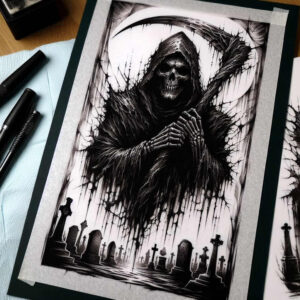 Grim reaper in black and grey cloak with hands clasped, shadowy moon and pattern shading behind; tombstones and crosses dot a graveyard; AI-generated tattoo project; cover-up ready.