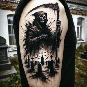 death-with-scythe-grotesque-neotraditional-soft-blending – tattoo design ideas free ai generated – Gallery: grim-reaper-inkby-ai