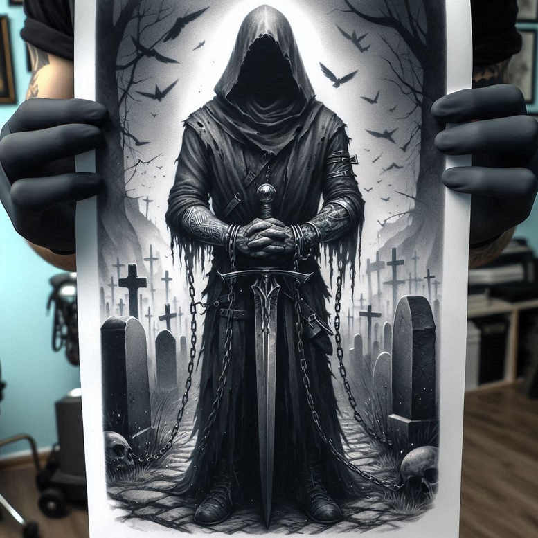 Hooded grim reaper figure in grayscale, holding a sword with chains among skulls and gravestones; black and grey tattoo project, cover-up ready.