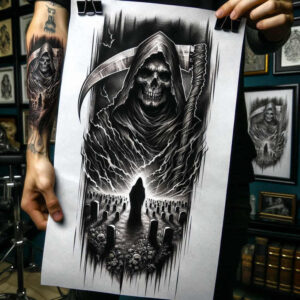 Grim reaper with hood and scythe towering over a cemetery of tombstones and skulls in black and grey; AI-generated tattoo project; pattern elements; cover-up suitable.