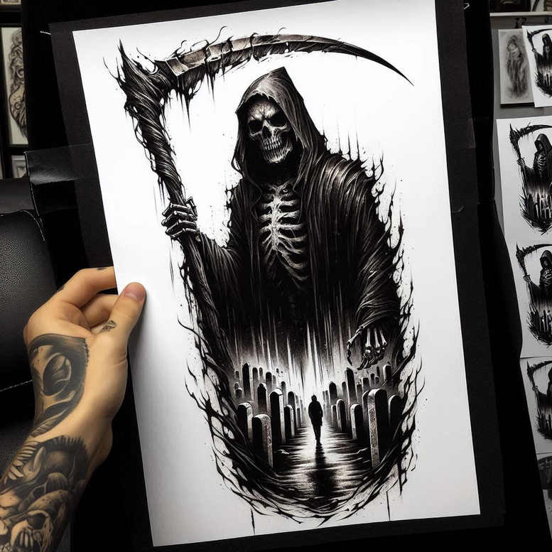 Grim Reaper skeleton in a hooded cloak holding a scythe, cemetery tombstones, and dripping ink border in black and grey; cover-up project.