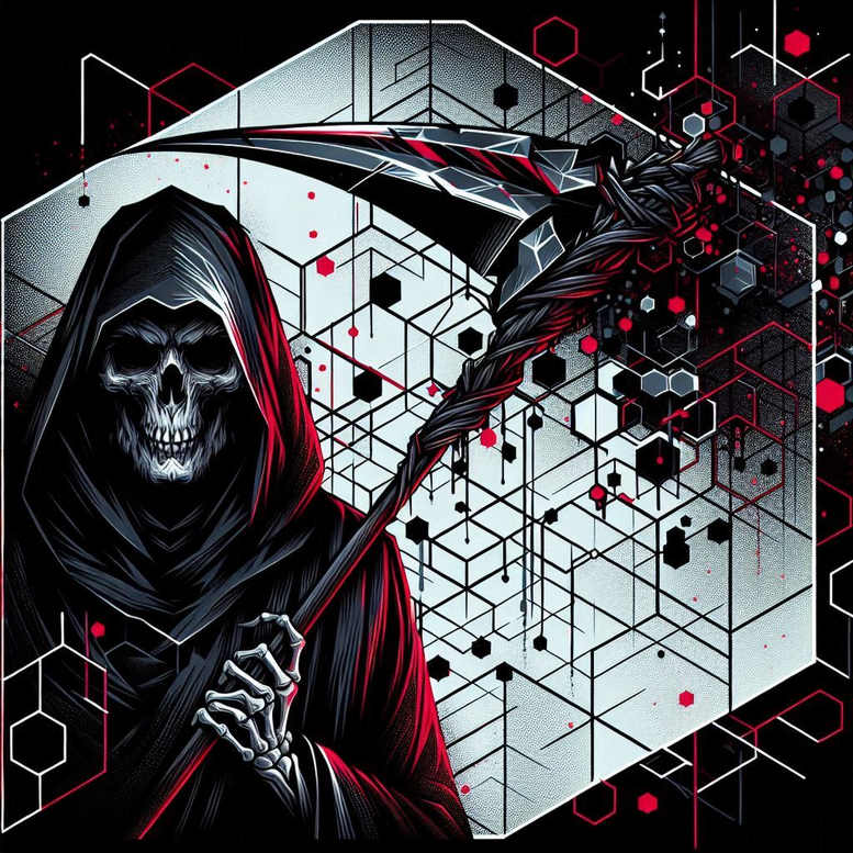 Reaper in black and grey with hooded cloak, skeletal face, holding a scythe; hexagon geometric backdrop with red accents; AI-generated tattoo project; cover-up suitable.
