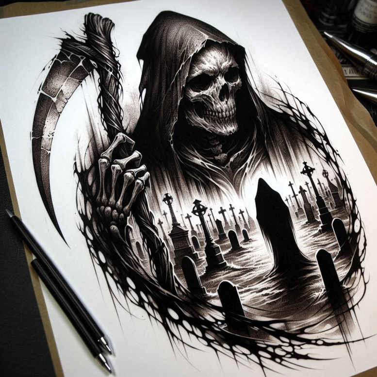 grim-reaper tattoo design ideas layered fill cloak for ribs