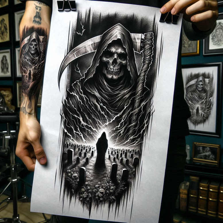 grim-reaper tattoo design ideas accent shading haunting for shoulder
