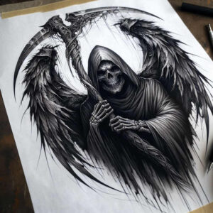grim-reaper tattoo design ideas Realism reflective light scythe for hand