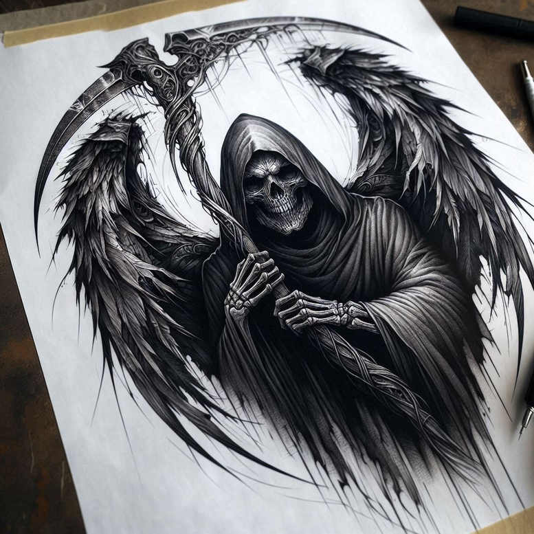 grim-reaper tattoo design ideas Realism reflective light scythe for hand