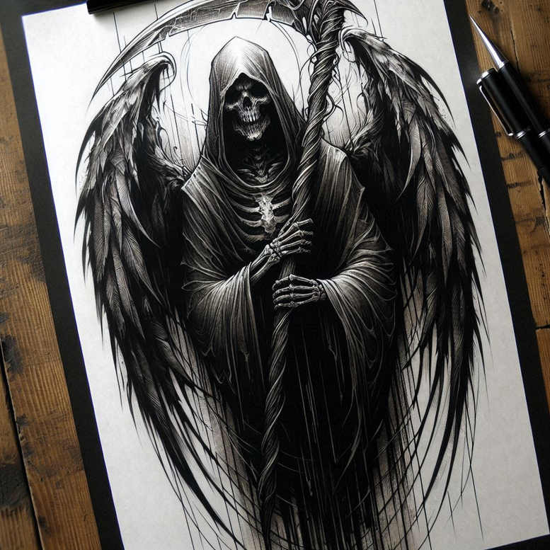 grim-reaper tattoo design ideas fine detail shadowed for triceps