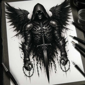 Grayscale hooded reaper with wings, skull face, armor, sword, and chains; black and grey tattoo project; suitable for cover-up.