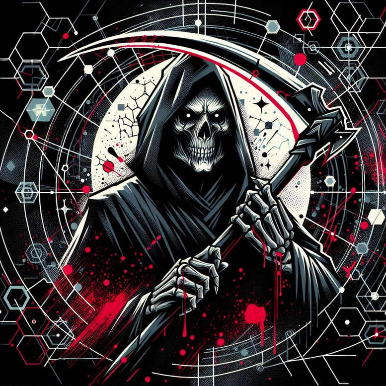 Skeleton in a hooded robe holding a scythe; black and grey with red splatters, geometric circles and hex grid backdrop; AI-generated tattoo project, cover-up ready.