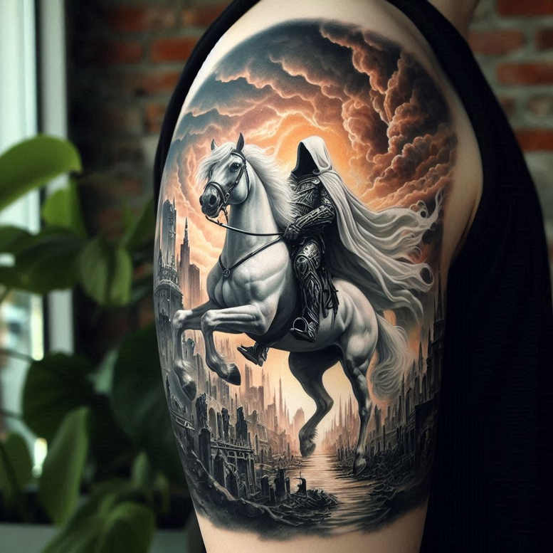 Black and grey tattoo of a hooded rider on a rearing horse above a ruined city; AI-generated tattoo project; cover-up suitable.