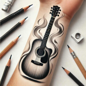 Guitar tattoo on forearm in black and grey with flame pattern; visible elements: guitar, flames, forearm, shading; tattoo project; suitable for cover-up.