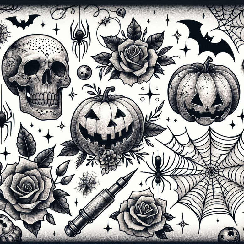 Black and grey tattoo design showing skull, three pumpkins, roses, spider, dagger, spiderwebs, and bats; AI-generated tattoo project; ideal for cover-up.