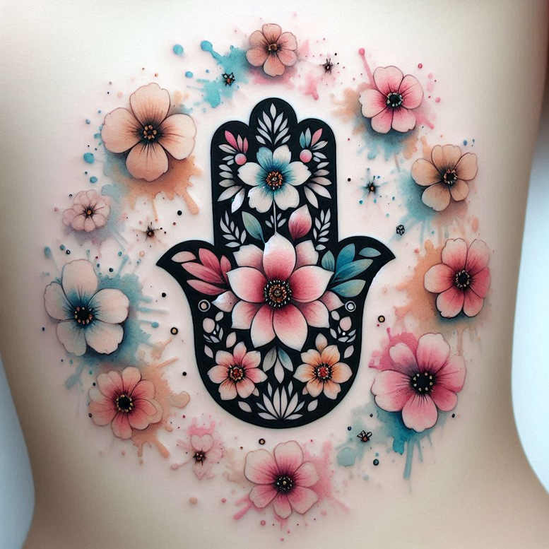 Black Hamsa hand silhouette with white floral pattern on skin; pink and blue watercolor splashes surround pink flowers; tattoo project; suitable for cover-up.