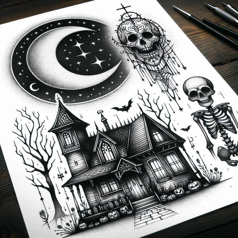 Haunted house, moon, stars, skeleton, skull, pumpkins, bats, bare trees, and winding path in black and grey; AI-generated tattoo project; cover-up ready.