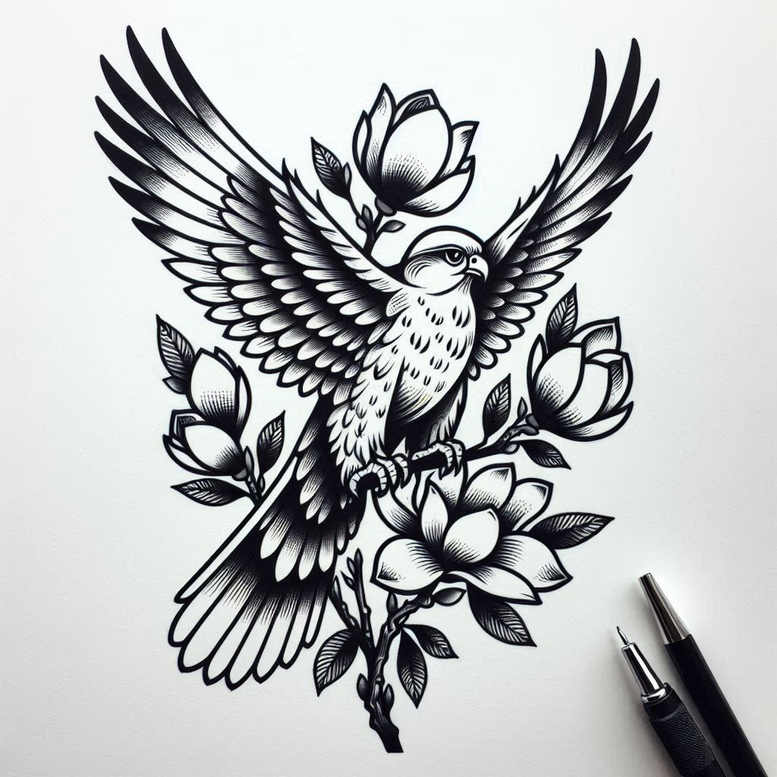 Hawk, magnolia blossoms, branch and leaves in black and grey; tattoo design concept, AI-generated project; suitable for cover-up.