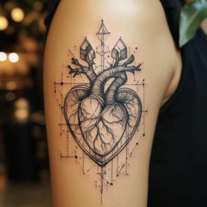 Heart anatomy in black and grey with two crystal shapes above, geometric linework and dot shading; tattoo project, not specifically a cover-up.