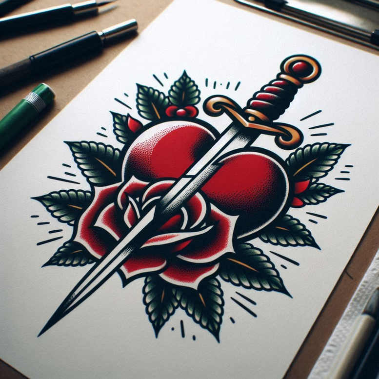 Full-color traditional tattoo featuring a heart pierced by a dagger, a red rose, and green leaves; bold black outlines and shading; project; not ideal for cover-up.