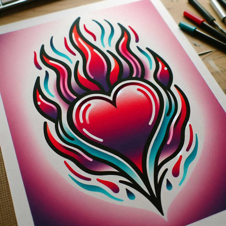 Heart and flame shapes, full-color illustration with bold black outlines; tattoo design idea; not suitable for cover-up.