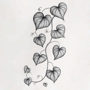 Black and grey line drawing of a trailing heartleaf ivy vine with multiple leaves; project idea; not ideal for a cover-up.
