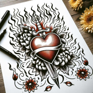 heart-and-rosary – tattoo design ideas free ai generated – neotraditional-expressive-lines – for-calf – Gallery: hearts-inkby-ai