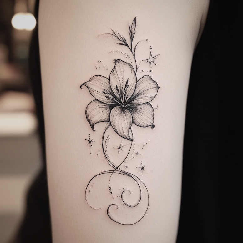 Hibiscus flower with fine-line swirl, stem and star accents in black and grey pattern; tattoo design project, not ideal for cover-up.