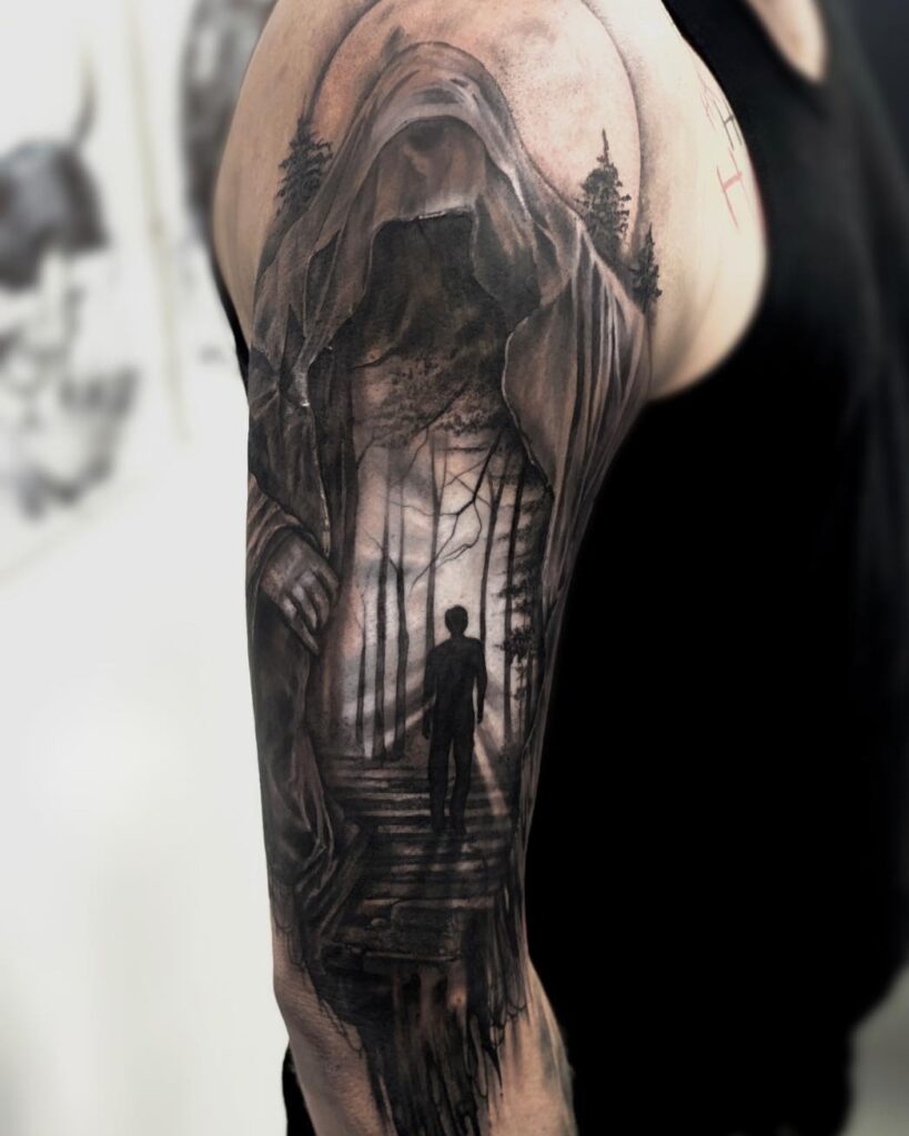 Hooded figure looming over a forest path in black and grey; a tattoo design concept with a small silhouette, suitable for a cover-up.