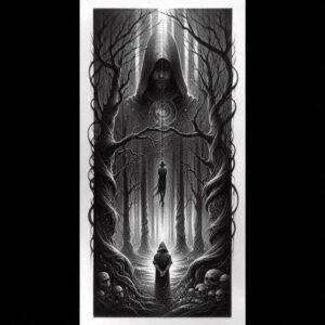 Hooded figure, forest with twisted trees, skulls at the ground, and a circular sigil; black and grey, cover-up tattoo project.