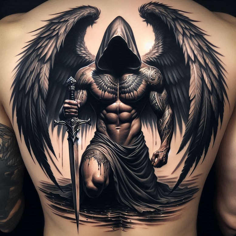 Black and grey tattoo of a hooded winged warrior kneeling with a sword, draped cloth, water reflection; project idea; perfect for a cover-up.